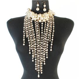 Pearl Rhinestone Fringed Long Necklace Set