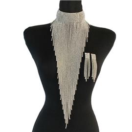 Rhinestones Long Fringed Choker Necklace Set