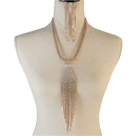 Rhinestones Long Fringed Round Necklace Set