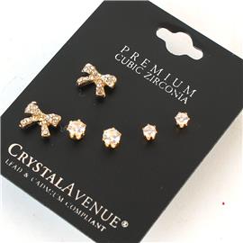 CZ 3 Pairs Bow Earrings