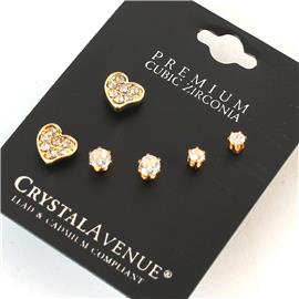 CZ 3 Pairs Heart Earrings