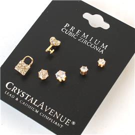 CZ 3 Pairs Lock Earrings