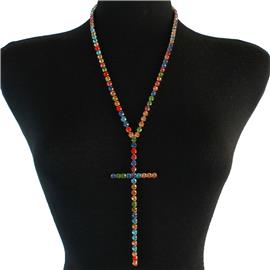 Rhinestones Cross Long Necklace