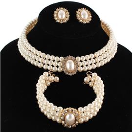 Pearl Oval Choker 3Pcs Necklace Set