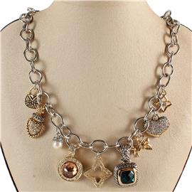 Rhodium CZ Multi Charms Necklace