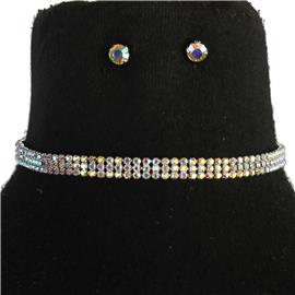 Rhinestones 3 Lines Choker Necklace Set