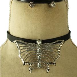 Fashion Faux Leather Butterfly Choker Necklace Set