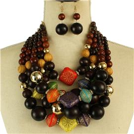 Wood Four Layereds Necklace Set