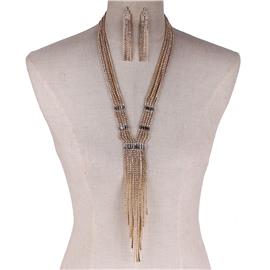 Rhinestone Long Fringed Necklace Set