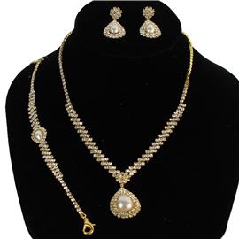 Rhinestones Pearl Teardrop 3pcs Necklace Set