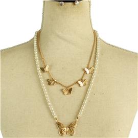 Pearls Metal Butterfly Necklace Set