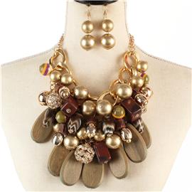 Semi Stone Wood Necklace Set