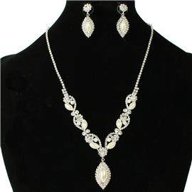 Rhinestones Pearl Drop Leaves Necklace Set