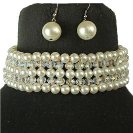 Pearl Crystal Beads Choker Necklace Set